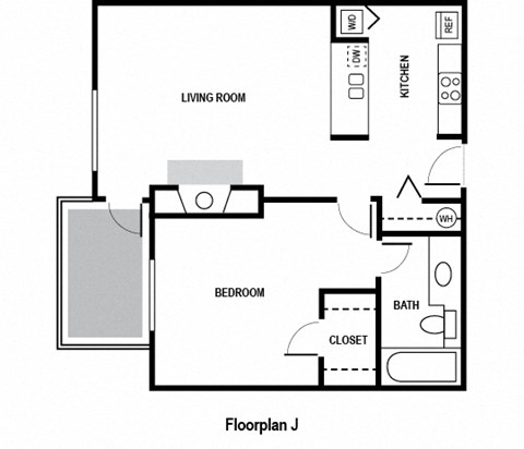 Floor plan for 1 bed, 1 bath, 642 sqft